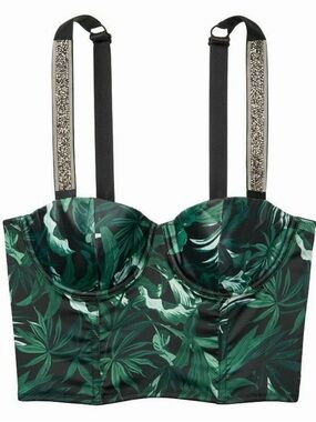 Victoria's Secret Green Leaf Print Longline Bustier Bra with Embellished Straps